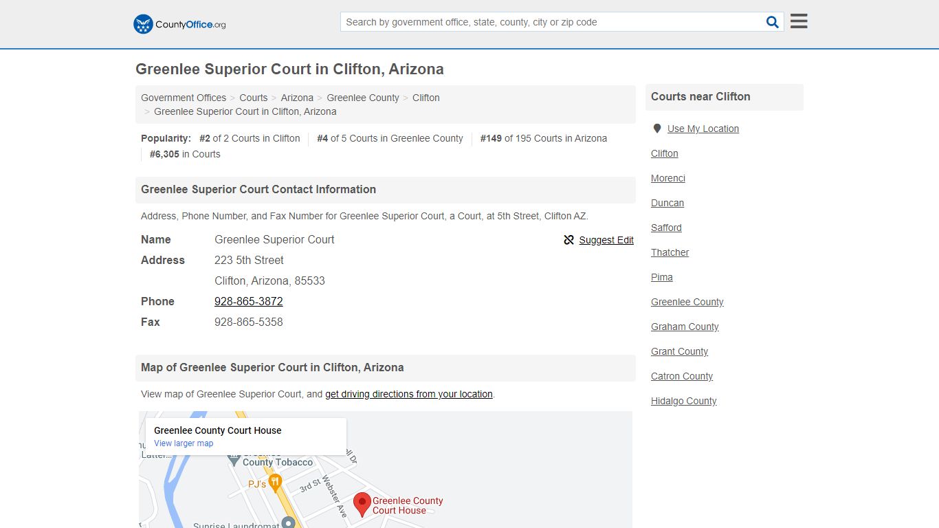 Greenlee Superior Court - Clifton, AZ (Address, Phone, and Fax)